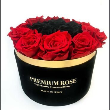 Scatola Tonda, Cilindro in Velluto 18 Rose stabilizzate Rosse e nere