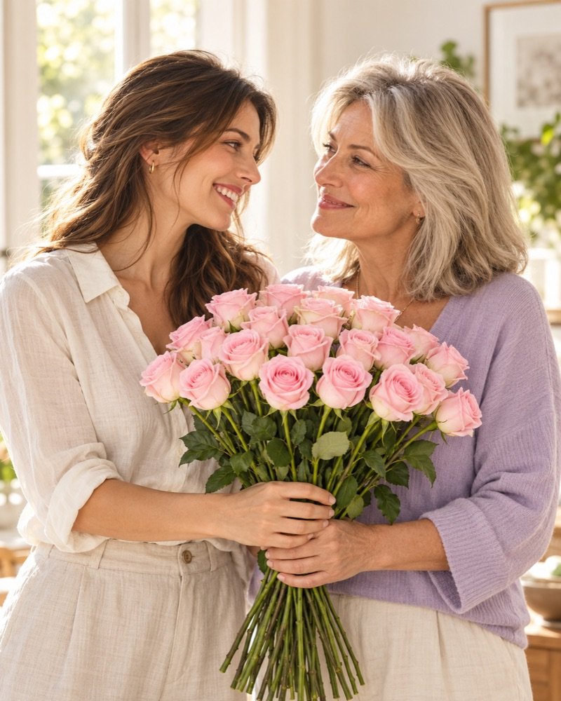 Una figlia adulta porge 25 rose rosa sfuse alla madre in una casa luminosa