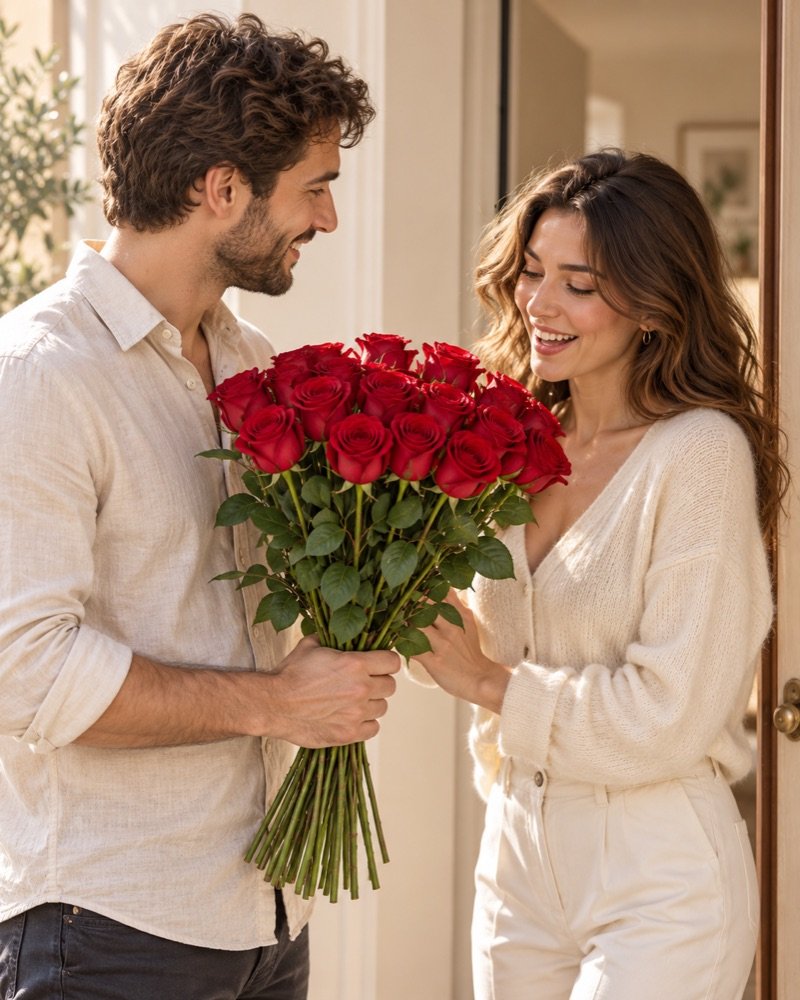 Una coppia adulta con 25 rose rosse sfuse durante un momento affettuoso a casa