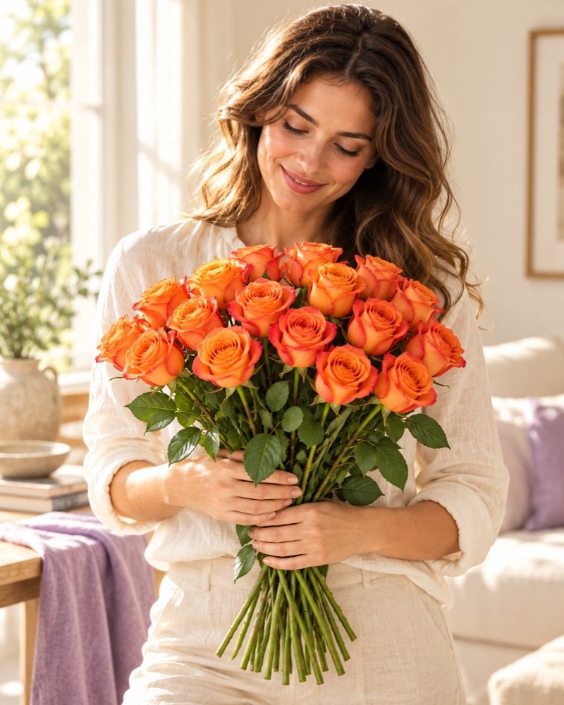 Una donna adulta si gode 25 rose arancioni sfuse vicino a una finestra luminosa