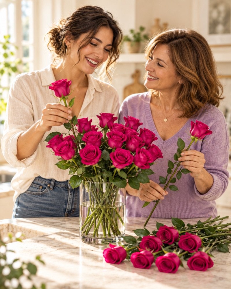 Due donne adulte creano insieme una composizione con 25 rose fucsia