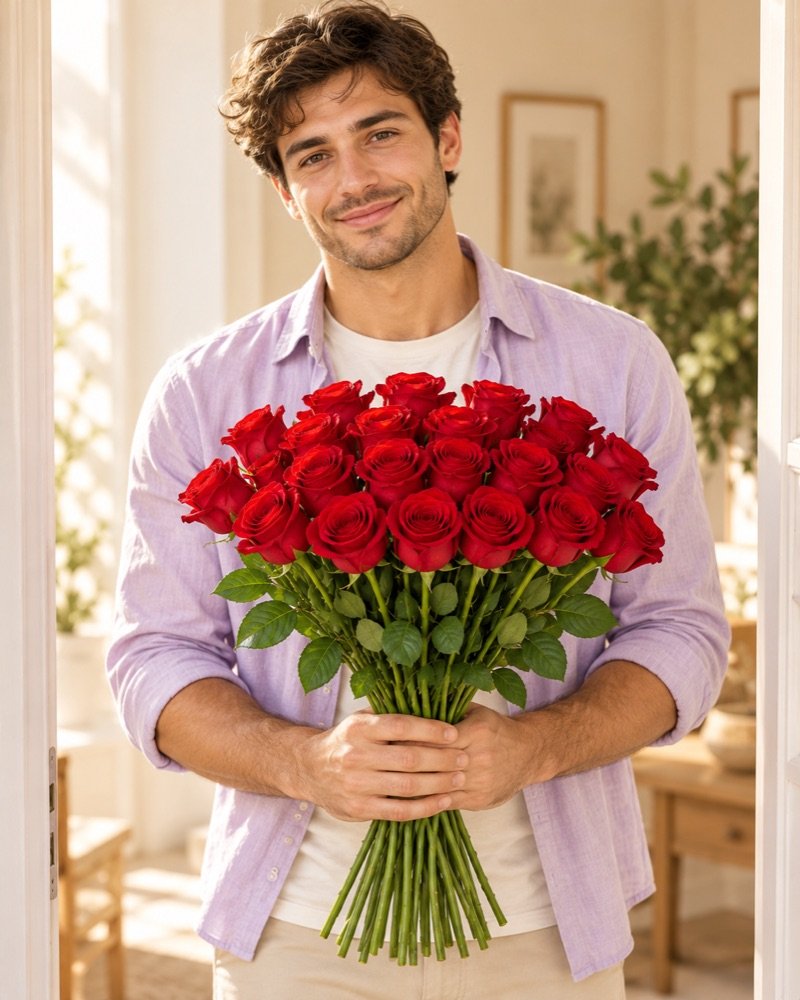 Un giovane adulto sorride con 25 rose rosse sfuse in mano