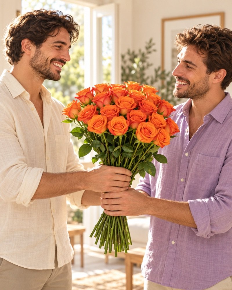 Due giovani uomini adulti condividono un momento felice con 25 rose arancioni sfuse