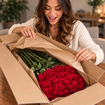 Una ragazza apre la scatola di cartone con le rose rosse sfuse, protette dalla carta avana