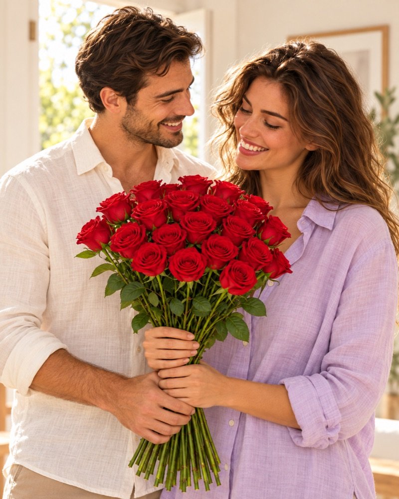 Una ragazza e un ragazzo sorridono insieme con 25 rose rosse sfuse in mano