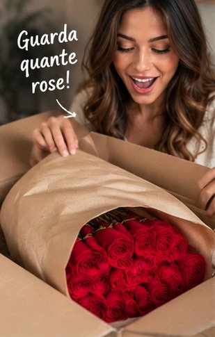 Una ragazza apre la scatola con le rose rosse sfuse