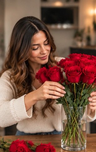 Ragazza sistema le rose rosse in un vaso trasparente