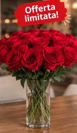 Vaso di rose rosse con indicazione offerta limitata