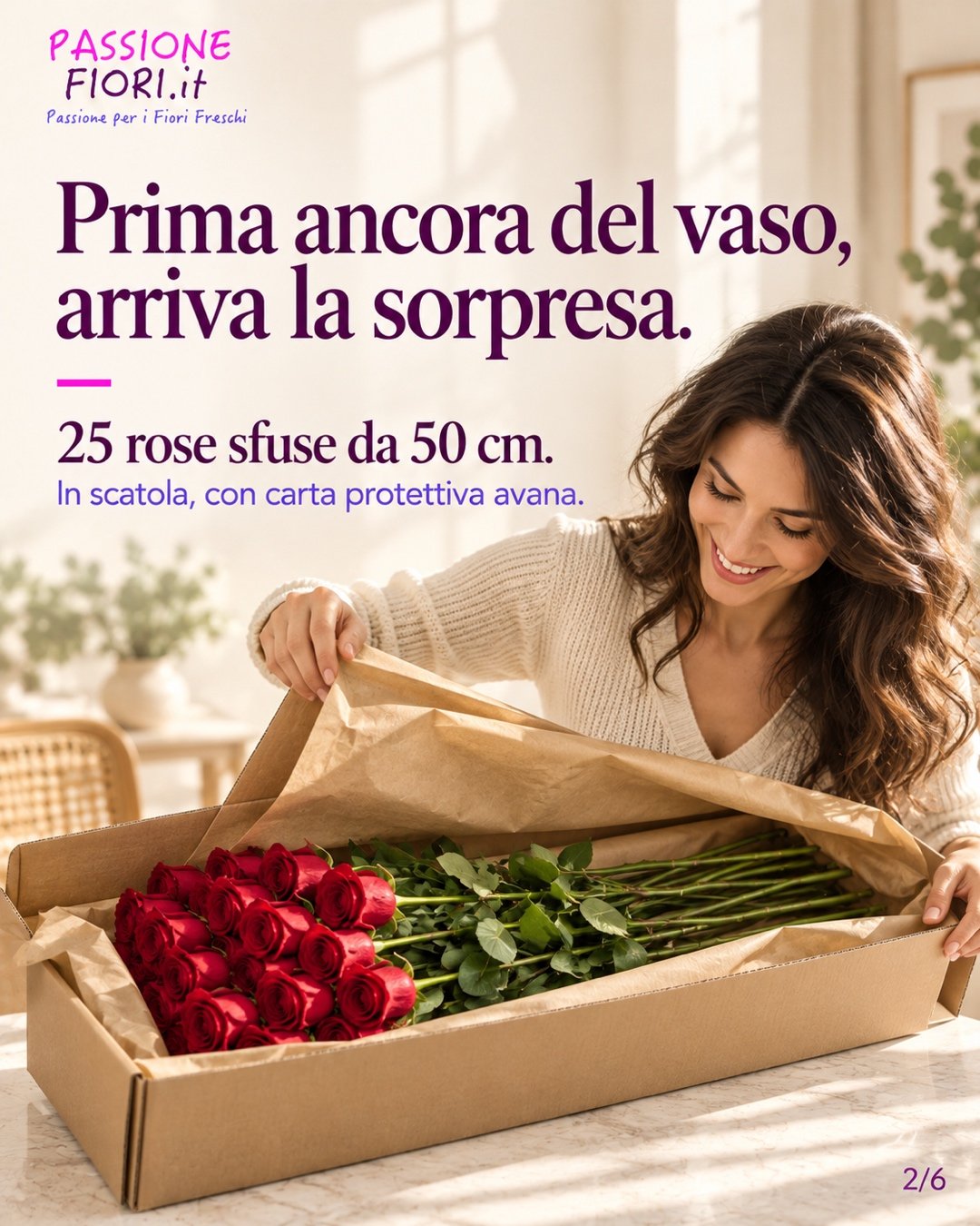 Ragazza apre la scatola con 25 rose sfuse da 50 cm e carta protettiva avana