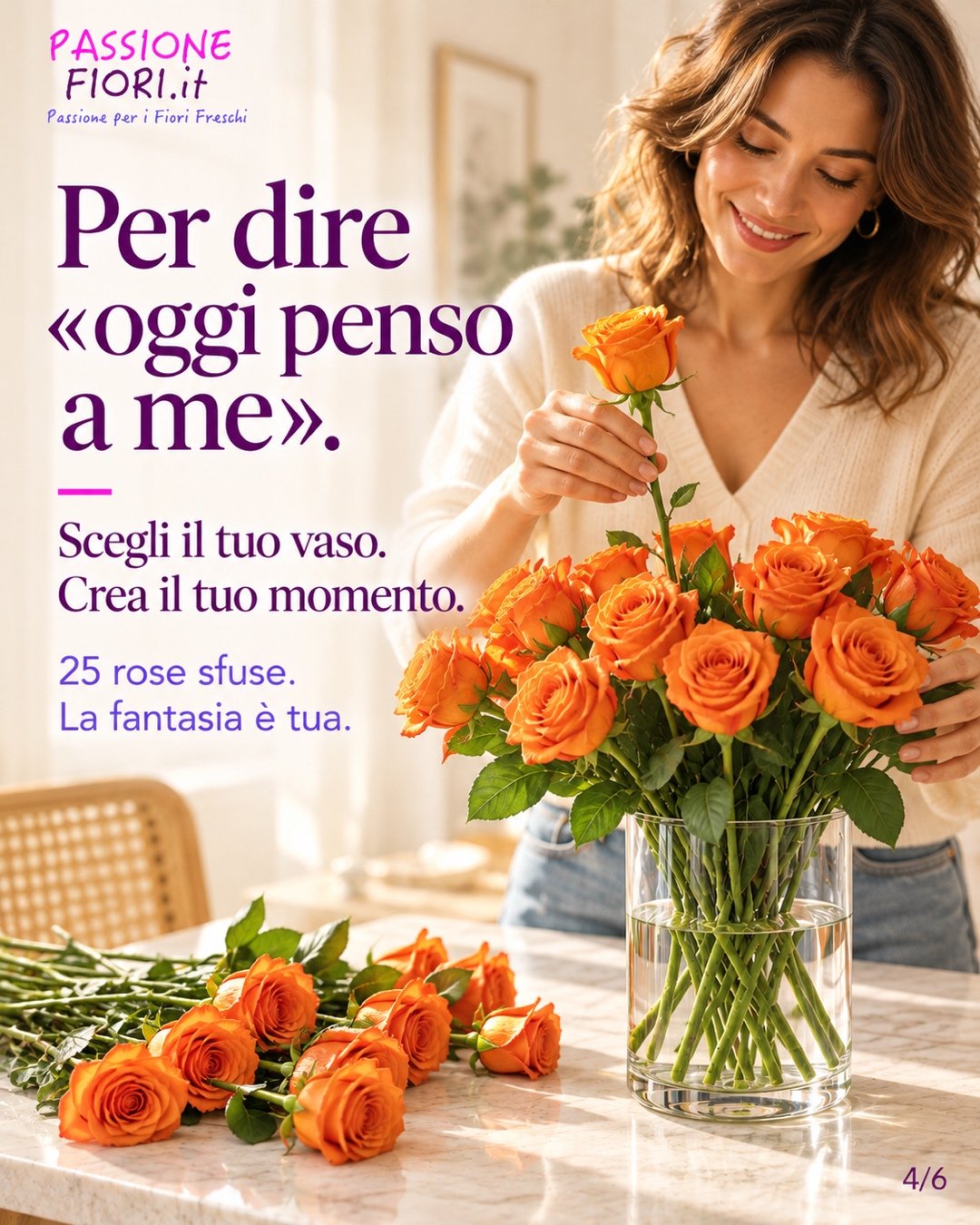 Una ragazza compone le sue rose arancioni in un vaso